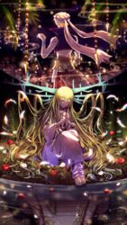  1boy 1other androgynous barefoot blonde_hair blurry chains depth_of_field enkidu_(fate) enkidu_(weapon)_(fate) fate/grand_order fate_(series) feathers gilgamesh_(fate) green_eyes green_hair highres long_hair male_focus nekohai_darake pool reflection robe turban very_long_hair vest 