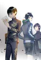  3boys bad_id bad_pixiv_id black_hair book bowl_cut computer demi-fiend eyelashes floral_print gakuran grey_jacket grey_shorts highres holding holding_book holding_laptop hood in-franchise_crossover jacket jouin_high_school_uniform laptop looking_at_viewer male_focus megami_tensei mitsuha_(bless_blessing) multiple_boys nakajima_akemi open_book potato_(pui_pui_molcar) protagonist_(smtv) pui_pui_molcar reading school_uniform shin_megami_tensei shin_megami_tensei_iii:_nocturne shin_megami_tensei_v short_hair shorts simple_background sumikko_gurashi white_background 