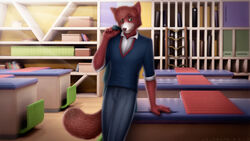  16:9 3d_(artwork) anthro bottomwear canid canine classroom clothed clothing digital_media_(artwork) fox fully_clothed fur green_eyes hi_res la_volpe looking_at_viewer male mammal mr_russard orange_body orange_fur pants red_body red_fur school shirt smile solo teacher the_mysteries_of_alfred_hedgehog topwear white_body white_fur 