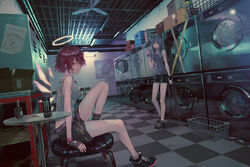  2girls animal_ear_fluff animal_ears arknights bare_shoulders black_footwear black_gloves black_hair black_shorts bottle bulletin_board can ceiling_fan checkered_floor commentary_request denki energy_drink exusiai_(arknights) fingerless_gloves gloves glowing grey_shirt halo indoors knee_up laundromat laundry_basket long_hair monster_energy multiple_girls red_eyes red_hair shirt shoes short_shorts shorts sitting sleeveless sleeveless_shirt standing stool table texas_(arknights) washing_machine 