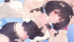  arms_up bare_shoulders black_hair black_shirt black_shorts blush bow brown_jacket closed_mouth cowboy_shot crop_top day female granblue_fantasy hair_bobbles hair_ornament hairbow hands_on_headwear hat highres jacket long_hair low_twintails midriff navel ocean open_clothes open_jacket outdoors red_eyes shirt short_shorts short_twintails shorts sideways_glance smile solo standing strapless strapless_shirt sun_hat twintails vikala_(granblue_fantasy) vikala_(summer)_(granblue_fantasy) wading water yellowpaint. 