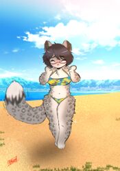  anthro beach bikini blush closed_eyes clothing eyewear felid female glasses keyhole_bikini luvon mammal midriff navel odessa_weird pantherine seaside smile snow_leopard solo swimwear 