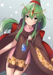  absurdres cloak closed_mouth dress female fire_emblem fire_emblem:_mystery_of_the_emblem green_eyes green_hair hako_momiji highres jewelry long_hair necklace pink_dress pointy_ears ponytail short_dress simple_background smile solo stone tiara tiki_(fire_emblem) tiki_(young)_(fire_emblem) 