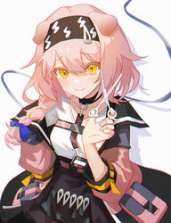  absurdres animal_ears arknights black_hairband blue_bow bow braid cat_ears chinese_commentary commentary_request female goldenglow_(arknights) hairband hairbow hand_up highres holding holding_scissors jacket long_hair long_sleeves looking_at_viewer open_clothes open_jacket pingdiguo pink_hair pouch scissors shirt simple_background single_braid smile solo upper_body white_background white_shirt yellow_eyes 