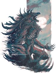  1other absurdres bloodborne cleric_beast from_side full_moon highres monster moon open_mouth outstretched_arms shimhaq signature spread_arms 