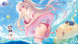  2girls alternate_costume anchorage_(azur_lane) arm_up ass azur_lane ball baltimore_(azur_lane) bare_shoulders beachball bikini black_bikini blue_sky breasts bridal_garter brown_hair day drink drinking drinking_straw floating_hair frilled_bikini frills hair_between_eyes highres innertube large_breasts light_brown_hair lino_chang long_hair looking_at_viewer manjuu_(azur_lane) multiple_girls ocean official_art outdoors palm_tree red_bikini red_eyes sky smile summer sunglasses swim_ring swimsuit transparent tree twintails very_long_hair wading water 