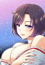  bare_shoulders black_hair blush breasts cleavage commentary_request female jinno_sumire kuroda_akimi large_breasts lips lipstick looking_at_viewer makeup mature_female purple_eyes red_lips short_hair simple_background smile solo tsumamigui_3 upper_body 