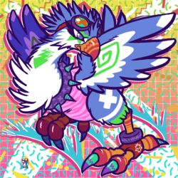  1:1 2020 abstract_background absurd_res avian beak chocobo clothing feathers feet feral final_fantasy hi_res megawolf77 multicolored_beak multicolored_body multicolored_feathers orange_beak pink_clothing solo square_enix talons toes white_body white_feathers 