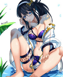  aona_(anagasaki) bad_id bad_pixiv_id bare_shoulders bikini black_hair blue_bikini blue_eyes breasts cleavage collarbone earrings female glasses granblue_fantasy hairband highres illnott_(granblue_fantasy) illnott_(summer)_(granblue_fantasy) jacket jewelry large_breasts long_hair long_sleeves looking_at_viewer navel off_shoulder official_alternate_costume open_clothes open_jacket see-through see-through_jacket smile solo swimsuit swimsuit_cover-up 