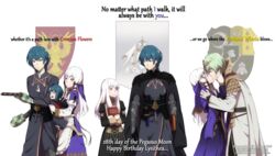  1boy 2girls apron armor artist_name black_gloves blue_eyes blue_hair book byleth_(fire_emblem) byleth_(male)_(fire_emblem) carrying closed_eyes closed_mouth commentary dagger dannex009 dress english_commentary english_text father_and_child fire_emblem fire_emblem:_three_houses from_side garreg_mach_monastery_uniform gloves green_hair hair_ornament happy_birthday highres holding holding_book if_they_mated kissing knife lolicon long_hair long_sleeves lysithea_von_ordelia mother_and_child multiple_girls open_mouth oven_mitts patreon_username pink_eyes sheath sheathed short_hair smile tiara tray uniform watermark weapon web_address white_hair 