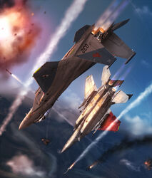  ace_combat ace_combat_zero aerial_battle afterburner aircraft airplane battle blue_sky cipher_(ace_combat) cloud contrail emblem explosion f-15_eagle fighter_jet fire galm_team jet larry_foulke military military_vehicle missile mountain no_humans sky smoke vehicle_focus zephyr164 