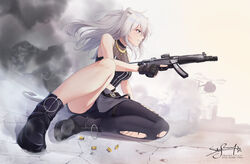  animal_ears artist_name breasts cleavage clenched_teeth crop_top female floating_hair grey_eyes grey_hair grey_skirt gun h&amp;k_mp5 holding holding_gun holding_weapon hololive legs lion_ears lion_girl lion_tail long_hair medium_breasts midriff navel pantyhose shell_casing shishiro_botan shishiro_botan_(1st_costume) signature single_leg_pantyhose sitting skirt skyrail solo submachine_gun tail teeth torn_clothes torn_pantyhose trigger_discipline two_side_up v-shaped_eyebrows virtual_youtuber weapon zipper_skirt 