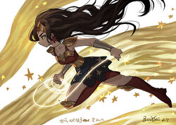  absurdres animification armor bad_id bad_tumblr_id black_hair bracer dc_comics earrings female floating_hair full_body highres holding_lasso jewelry lasso lasso_of_truth long_hair pauldrons pleated_skirt print_skirt profile shadow shoulder_armor skirt solo star_(symbol) star_earrings star_print superhero_costume tiara very_long_hair wonder_woman wonder_woman_(series) zinbei 