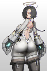  ass back_cutout back_tattoo backboob black_hair bodysuit boots breasts clothing_cutout female from_behind grey_eyes grey_footwear hair_over_one_eye halo highres hiragana_oufu large_breasts lips looking_at_viewer mecha_musume original power_gloves short_hair skindentation swept_bangs tattoo thigh_boots thighhighs tramp_stamp white_bodysuit 