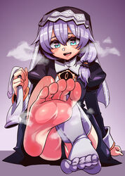  :d absurdres barefoot blue_eyes commentary_request feet female foot_focus foreshortening ga320aaa hair_between_eyes heart heart-shaped_pupils highres honkai_(series) honkai_impact_3rd long_hair nun open_mouth photoshop_(medium) ponytail puffy_sleeves purple_hair sitting smell smile soles solo symbol-shaped_pupils theresa_apocalypse theresa_apocalypse_(valkyrie_pledge) thighhighs toes unworn_thighhighs white_thighhighs 