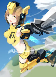  :d armor ass bad_id bad_pixiv_id breasts brown_hair cosmic_break female from_side headgear highres large_breasts looking_at_viewer mecha_musume midriff open_mouth pallad rei_(cosmic_break) short_hair smile solo thighhighs yellow_eyes 