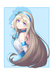  absurdres armband blonde_hair blue_background blue_headband bow civia crescent female hairbow headband highres hololive hololive_china horns long_hair parted_bangs purple_eyes single_horn smile solo upper_body virtual_youtuber z-jun.dd-zhong 