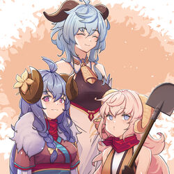  3girls absurdres ahoge animal_ears bad_id bad_pixiv_id bare_shoulders bell blue_eyes blue_hair blush bodystocking bow braid breasts closed_eyes closed_mouth covered_navel cowbell engineer_kim flower ganyu_(genshin_impact) genshin_impact goat_ears goat_girl goat_horns hair_flower hair_ornament hairbow highres horns kindred_(league_of_legends) lamb_(league_of_legends) league_of_legends leotard leotard_under_clothes long_hair lourie_(youjo_to_sukoppu_to_magan_ou) low_twin_braids medium_breasts medium_hair multiple_girls no_mask orange_background pink_eyes short_eyebrows shovel spirit_blossom_(league_of_legends) spirit_blossom_kindred trait_connection twin_braids upper_body whistling yellow_bow youjo_to_sukoppu_to_magan_ou 