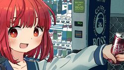  absurdres bad_id bad_tumblr_id blue_sailor_collar blush boss_coffee brand_name_imitation can dr_pepper drink_can female fence highres holding holding_can long_sleeves open_mouth original product_placement red_eyes red_hair sailor_collar shirt short_hair smile soda_can solo suntory upper_body vending_machine white_shirt zinbei 