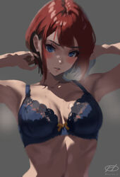  ark_royal_(kancolle) artist_logo blue_bra blue_eyes blunt_bangs bob_cut bra breasts commentary_request female grey_background haruto_(harut_n) kantai_collection lips looking_at_viewer parted_lips red_hair short_hair solo steaming_body underwear upper_body 