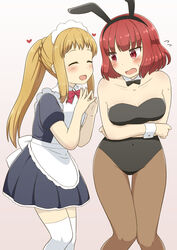  2girls alternate_costume animal_ears apron arms_under_breasts bad_id bad_pixiv_id bare_arms bare_shoulders black_leotard blonde_hair blue_shirt blue_skirt blush bow bowtie breasts brown_legwear closed_eyes collarbone commentary_request covered_navel crossed_arms detached_collar embarrassed enmaided facing_another fake_animal_ears fingernails fingers_together flying_sweatdrops gradient_background heart highres inose_mai karigane_yuuma knees_together_feet_apart koisuru_asteroid leotard long_hair looking_at_another maid maid_apron maid_headdress multiple_girls open_mouth pantyhose playboy_bunny ponytail purple_background rabbit_ears red_bow red_bowtie red_eyes sakurai_mikage shirt short_sleeves skirt standing strapless strapless_leotard thighhighs very_long_hair white_legwear wrist_cuffs 