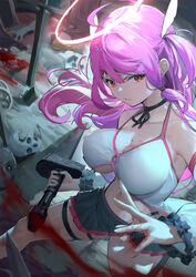  absurdres black_choker black_skirt blood blood_on_breasts blood_on_hands blood_on_weapon breasts chinese_commentary choker closed_mouth commentary crop_top detached_sleeves female floating_hair hair_between_eyes hair_ornament hairclip halo halterneck highres holding holding_sword holding_weapon indie_virtual_youtuber j.xh large_breasts long_hair long_sleeves looking_at_viewer pleated_skirt purple_hair red_eyes skirt skull solo standing sword thigh_strap two_side_up very_long_hair virtual_youtuber weapon yumeno_shiori 