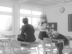  2boys alternate_costume animal_ears cheadle_yorkshire classroom dog_ears dog_girl dog_tail female ging_freecss greyscale hunter_x_hunter indoors jacket long_hair luclu03 monochrome multiple_boys pants pariston_hill school_uniform sitting snout spiked_hair table tail tree window 