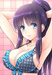  armpits arms_up bikini black_hair blue_eyes breasts cleavage collarbone commentary_request female jinno_ai kuroda_akimi large_breasts long_hair looking_at_viewer polka_dot polka_dot_bikini sidelocks solo swimsuit tsumamigui_3 upper_body 