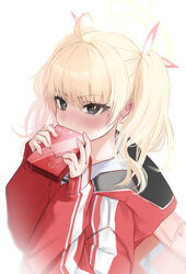  absurdres ahoge bad_id bad_twitter_id blonde_hair bloom blue_archive blush box box_of_chocolates female grey_eyes hair_ribbon halo hands_up highres holding holding_box hood hooded_jacket jacket looking_at_viewer mookie_(e_mook9) red_bag red_jacket ribbon simple_background sleeves_past_wrists solo track_jacket twintails upper_body valentine white_background white_ribbon yoshimi_(blue_archive) 