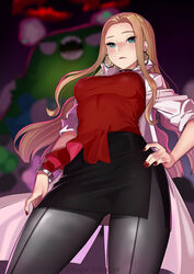  absurdres black_skirt blonde_hair blurry blurry_background blush bracelet breasts choker closed_mouth commentary_request duplicate earrings female fingernails from_below garbodor gigantamax gigantamax_garbodor green_eyes hand_on_own_hip highres hoop_earrings jewelry kagematsuri lab_coat large_breasts lipstick long_hair makeup oleana_(pokemon) pantyhose parted_bangs pixel-perfect_duplicate pokemon pokemon_(creature) pokemon_swsh red_nails red_shirt shiny_clothes shirt side_slit sidelocks skirt thighs twitter_username 