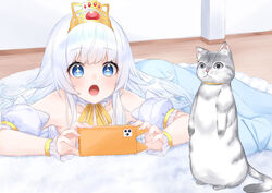  +_+ :o absurdres animal armpits bare_shoulders blue_dress blue_eyes cellphone commentary_request detached_sleeves dress feline female hashiko_nowoto highres holding holding_phone iphone_11_pro long_hair on_floor open_mouth original phone phone_with_ears smartphone solo sparkling_eyes taking_picture tiara white_hair 