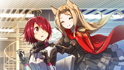  2girls ^_^ animal_ears archetto_(arknights) arknights blonde_hair cape closed_eyes exusiai_(arknights) fingerless_gloves gloves hair_over_one_eye halo hands_on_another&#039;s_shoulders hellnyaa heterochromia highres long_hair multiple_girls open_mouth red_eyes red_hair short_hair skirt smile tiara 