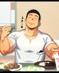  1boy bara biceps black_hair cheek_bulge chopsticks closed_eyes commentary cross_scar curry curry_rice eating food happy holding holding_chopsticks holding_spoon itto_(mentaiko) large_pectorals male_focus original pectoral_cleavage pectorals rice saizeriya scar scar_on_cheek scar_on_face shirt smile solo spoon thick_eyebrows translated upper_body white_shirt 