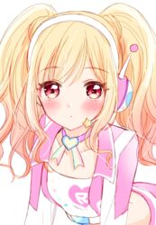  aikatsu!_(series) aikatsu_stars! blonde_hair blush choker closed_mouth commentary_request crop_top curly_hair female headband headphones heart heart_necklace jewelry leaning_forward long_hair looking_at_viewer necklace nijino_yume pants pink_choker pink_pants pink_vest red_eyes shirt sidelocks solo swept_bangs tiramisu651 twintails upper_body vest white_background white_shirt 