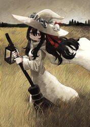  black_hair borrowed_character bright_pupils broom cape creature creature_on_head dress female full_body grass gregor_(tsurunoka) hair_between_eyes hair_ribbon hands_up hat highres holding holding_broom horizon lantern lead_white_(tsurunoka) light_blush long_hair long_sleeves looking_at_viewer original outdoors parted_lips red_eyes ribbon shadow sidelocks solo standing wheat_field white_cape white_dress white_hat white_pupils wind witch witch_hat zinbei 