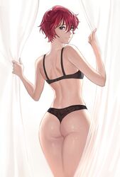  ass backlighting collarbone commentary curtains english_commentary female from_behind grey_eyes hair_between_eyes han_soo-min_(hanny) hanny_(uirusu_chan) highres looking_at_viewer looking_back original panties red_hair short_hair simple_background smile solo standing sweat tekken tekken_7 thong underwear underwear_only white_background 