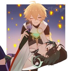  2boys absurdres aether_(genshin_impact) bangs bead_necklace beads black_hair blonde_hair braid closed_eyes earrings eyebrows_visible_through_hair genshin_impact gloves green_hair hair_between_eyes highres jewelry lantern long_hair male_focus multicolored_hair multiple_boys necklace oxygen parted_bangs short_hair short_hair_with_long_locks sidelocks simple_background single_braid smile straight twitter_username two-tone_hair xiao_(genshin_impact) yellow_eyes 