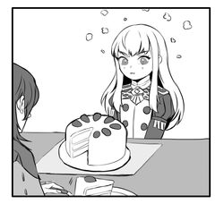  2girls byleth_(female)_(fire_emblem) byleth_(fire_emblem) cake closed_mouth commentary english_commentary fire_emblem fire_emblem:_three_houses food garreg_mach_monastery_uniform greyscale highres long_hair long_sleeves lysithea_von_ordelia monochrome multiple_girls plate radiostarkiller uniform upper_body 