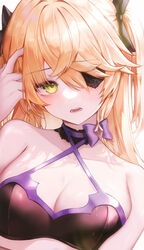  alternate_costume bare_shoulders bikini black_bikini black_choker blonde_hair bow breasts choker cleavage criss-cross_halter eyepatch female fischl_(genshin_impact) frown genshin_impact green_eyes h2o_(dfo) hair_between_eyes hairbow halterneck hand_up long_hair looking_at_viewer medium_breasts oerba_yun_fang open_mouth purple_bow solo string_bikini swimsuit two_side_up upper_body 