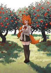  absurdres animal_ear_fluff animal_ears black_footwear black_legwear black_skirt blush bow bowtie collared_shirt copyright_request female flower fox_ears fox_girl fox_tail glasses grass hair_flower hair_ornament highres long_hair long_sleeves orange_hair plant pleated_skirt red-framed_eyewear red_bow red_eyes red_flower red_neckwear semi-rimless_eyewear shadow shirt shoes skirt smile solo tail thighhighs under-rim_eyewear very_long_hair white_shirt zinbei 