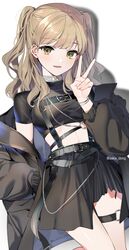  banned_artist black_jacket black_shirt black_skirt blonde_hair breasts crop_top female hand_in_pocket hand_up highres jacket large_breasts long_hair long_sleeves looking_at_viewer midriff nijisanji off_shoulder open_clothes open_jacket parted_lips puffy_long_sleeves puffy_sleeves sake_dong shirt short_sleeves sister_cleaire skirt solo thigh_strap two_side_up v virtual_youtuber yellow_eyes 