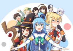  0_0 2boys 6+girls :&gt; :d ;d =_= ^_^ ahoge aqua_(konosuba) arm_up armor black_gloves black_hair blank_eyes blonde_hair blue_eyes blue_hair blush braid breastplate breasts cape choker chris_(konosuba) clenched_hands closed_eyes closed_mouth commentary_request darkness_(konosuba) detached_sleeves eyepatch fingerless_gloves food fruit gloves grapes grin hair_between_eyes hair_ornament hair_rings hair_slicked_back hand_on_own_cheek hand_on_own_chin hand_on_own_face hat head_tilt high_ponytail highres holding holding_staff huge_ahoge index_finger_raised iris_(konosuba) kono_subarashii_sekai_ni_shukufuku_wo! long_hair long_sleeves looking_at_viewer mask medium_breasts megumin multiple_boys multiple_girls naginoya one_eye_closed open_mouth outstretched_arms pointing pointing_at_self raised_fist red_eyes satou_kazuma scar scar_on_cheek scar_on_face short_hair smile smirk staff star_(symbol) star_print vanir very_long_hair white_gloves witch witch_hat wiz_(konosuba) x_hair_ornament yunyun_(konosuba) 