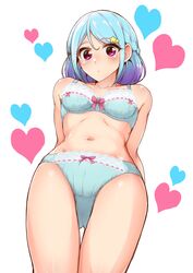  aikatsu!_(series) aikatsu_friends! arms_behind_back ass_visible_through_thighs blue_bra blue_hair blue_panties blush bow bow_bra bow_panties bra braid breasts closed_mouth commentary_request cowboy_shot crotch_seam crown_braid female frown gradient_hair hair_ornament head_tilt heart highres lace lace-trimmed_bra lace-trimmed_panties lace_trim looking_at_viewer medium_breasts minato_mio multicolored_hair navel panties partial_commentary purple_eyes purple_hair ribbon-trimmed_bra ribbon-trimmed_panties ribs simple_background solo standing star_(symbol) star_hair_ornament swept_bangs thigh_gap thighs tyranu underwear underwear_only white_background 