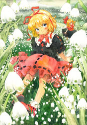  blonde_hair blue_eyes calligraphy_brush_(medium) commentary_request fairy_wings female field flower flower_field graphite_(medium) hair_rings medicine_melancholy mini_person minigirl misawa_hiroshi painting_(medium) photoshop_(medium) puffy_short_sleeves puffy_sleeves shirt short_sleeves sitting skirt snowbell_(flower) su-san touhou traditional_media watercolor_(medium) white_flower wings 