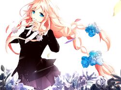  bad_id bad_pixiv_id black_necktie black_skirt blonde_hair blue_eyes blue_flower blue_rose bud commentary_request female flower formal highres hydrangea ia_(vocaloid) kurosakiinu long_hair necktie petals rose skirt solo suit vocaloid white_flower white_rose 