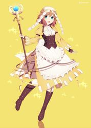  bad_id bad_twitter_id blue_eyes boots brown_hair commentary corset cosplay crml_orng dress female fire_emblem fire_emblem:_path_of_radiance fire_emblem_awakening fire_emblem_heroes full_body highres holding holding_staff knee_boots lissa_(fire_emblem) lissa_(fire_emblem)_(cosplay) long_sleeves mist_(fire_emblem) open_mouth short_hair simple_background solo staff twitter_username yellow_background 