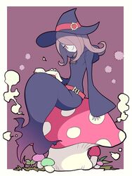  belt book commentary_request female giant_mushroom hair_over_one_eye half-closed_eyes hat l_(matador) little_witch_academia loose_belt mushroom on_mushroom pale_skin pink_hair red_eyes robe sharp_teeth sitting sitting_on_mushroom smile solo sucy_manbavaran teeth wide_sleeves witch witch_hat 