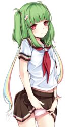  3: bad_id bad_pixiv_id beatmania_iidx blouse blunt_bangs blush breasts brown_skirt closed_mouth clothes_lift cowboy_shot embarrassed female green_hair hair_ornament hair_tie hairclip highres hishimiya_tsugaru lifting_own_clothes long_hair looking_at_viewer maremay0513 midriff_peek navel neckerchief panties pink_panties pleated_skirt red_eyes red_neckerchief sailor_collar school_uniform serafuku shirt short_sleeves sidelocks signature simple_background skirt skirt_lift small_breasts solo standing two_side_up underwear wavy_mouth white_background white_shirt 