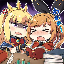  &gt;_&lt; 2girls anger_vein bangle black_gloves black_ribbon blonde_hair blush book book_stack bow bracelet brown_hair cagliostro_(dark)_(granblue_fantasy) cagliostro_(granblue_fantasy) capelet chibi clarisse_(granblue_fantasy) closed_eyes commentary_request gloom_(expression) gloves granblue_fantasy hair_ribbon hairband head_tilt holding holding_book jewelry long_hair multiple_girls naginoya nose_blush open_book open_mouth partially_fingerless_gloves ponytail purple_eyes red_bow ribbon swept_bangs tears test_tube 