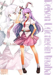  animal_ears belt character_name commentary_request female gun handgun loafers long_hair looking_at_viewer nambu_type_14 necktie puffy_short_sleeves puffy_sleeves purple_hair rabbit_ears red_eyes red_necktie reisen_udongein_inaba shirt shoes short_sleeves skirt solo touhou umigarasu_(kitsune1963) very_long_hair weapon zoom_layer 